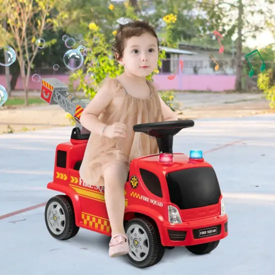 Kids Push Ride On Fire Truck with Ladder Bubble Maker and Headlights-Red {3}