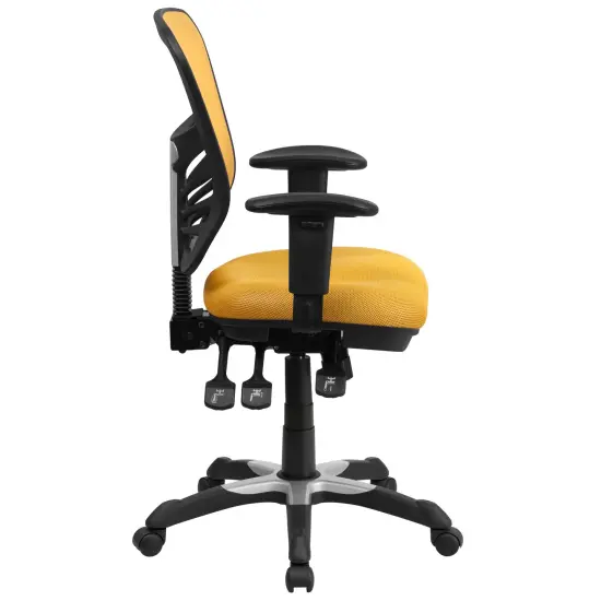 Emma and Oliver Mid-Back Mesh Triple Paddle Swivel Ergonomic Office Chair with Adjustable Arms Yellow-Orange {5}