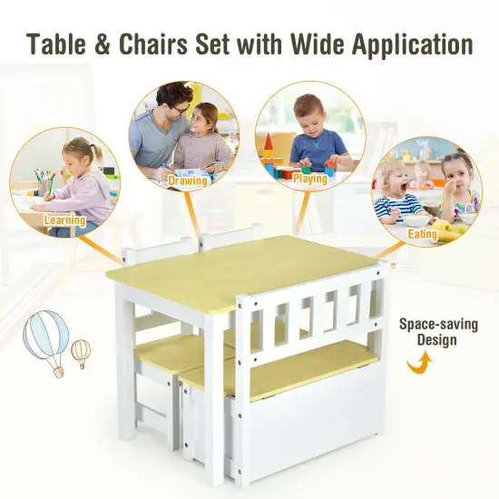 4 Pieces Kids Wooden Activity Table and Chairs Set with Storage Bench and Study Desk Beige {5}