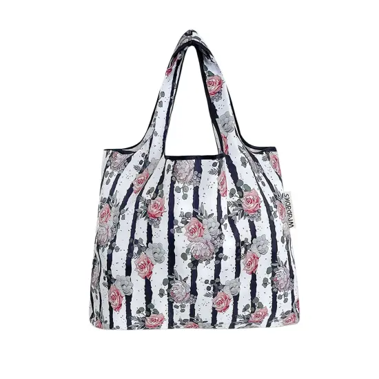 Wrapables Foldable Tote Nylon Reusable Grocery Bag (Set of 2) Rose & Stripes {2}