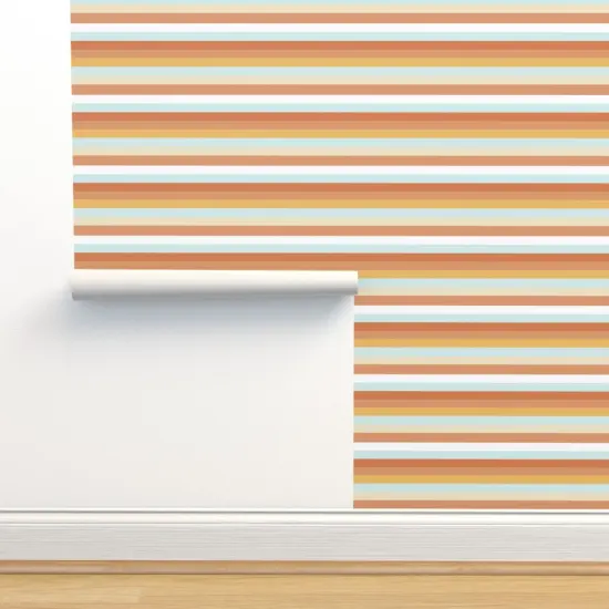 Peel & Stick Wallpaper 2FT Wide Orange Stripes Coastal Chic Beach House Retro Surfer West Cost Surf Ocean Horizontal Stripes. Custom Removable Wallpaper by Spoonflower {2}