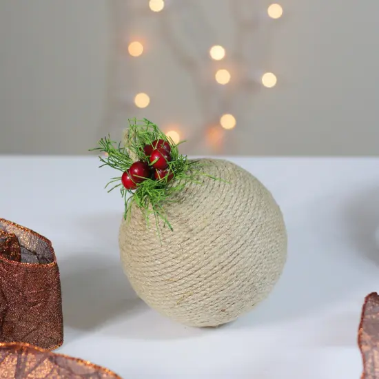 Napco Beige Twine with Holly Berries Christmas Ball Ornament 5.5" (130mm) {3}