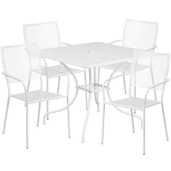 Emma and Oliver Commercial Grade 35.5" Square Metal Garden Patio Table Set, 4 Square Back Chairs Black {6}