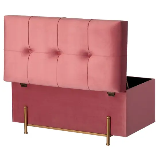 Large Rectangle Velvet Storage Ottoman Stool Box with Golden Legs | Decorative Sitting Bench for Living Room Home Decor with Cylindrical Golden Support Pink {6}