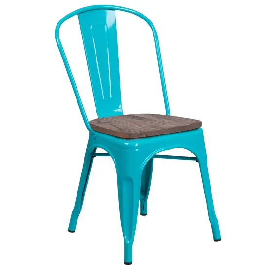 Merrick Lane Calumet Metal Stacking Chair with Curved, Slatted Back and Rustic Wood Seat Crystal Teal-Blue {1}
