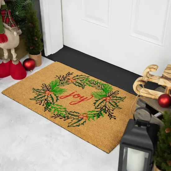 Northlight Natural Coir "Joy" Wreath Christmas Doormat 18" x 30" Brown {4}
