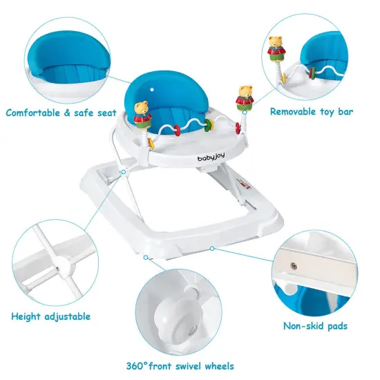 Baby Walker Adjustable Height Removable Toy Wheels Folding Portable Blue {5}