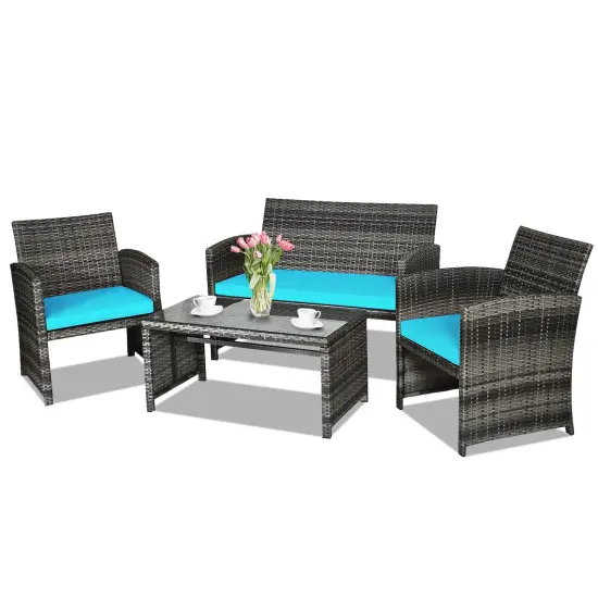 4 Pieces Patio Rattan Furniture Set with Glass Table and Loveseat Turquoise {4}