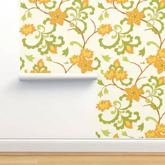 Pre-Pasted Wallpaper 2FT Wide Trailing Floral Orange Chintz Indian Botanical Green Cream Retro Flowers Custom Pre-pasted Wallpaper by Spoonflower {2}