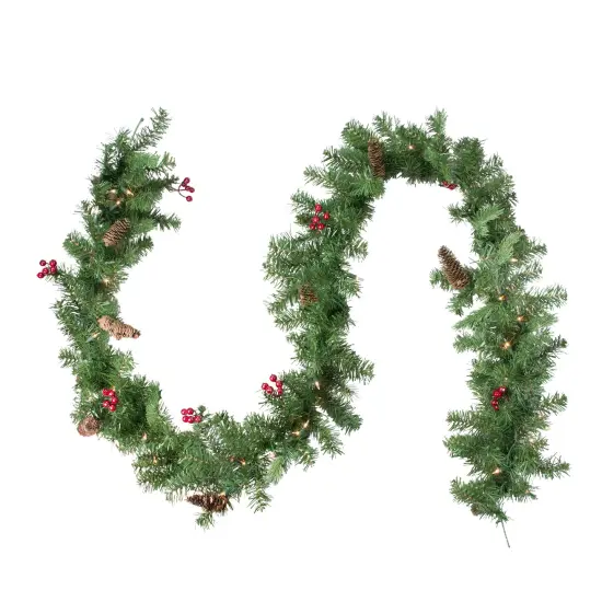 Northlight Real Touch&trade;️ Pre-Lit Noble Fir with Berries Artificial Christmas Garland - 9' x 10" - Clear Lights Green {1}