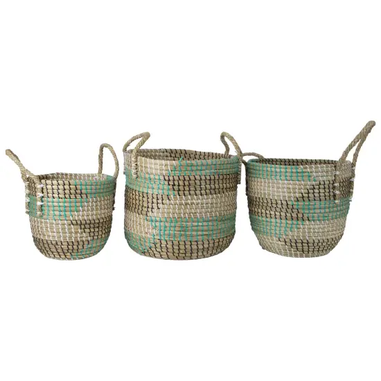 Northlight Natural Woven Seagrass Basket - Teal, Black and White - Set of 3 Beige {1}