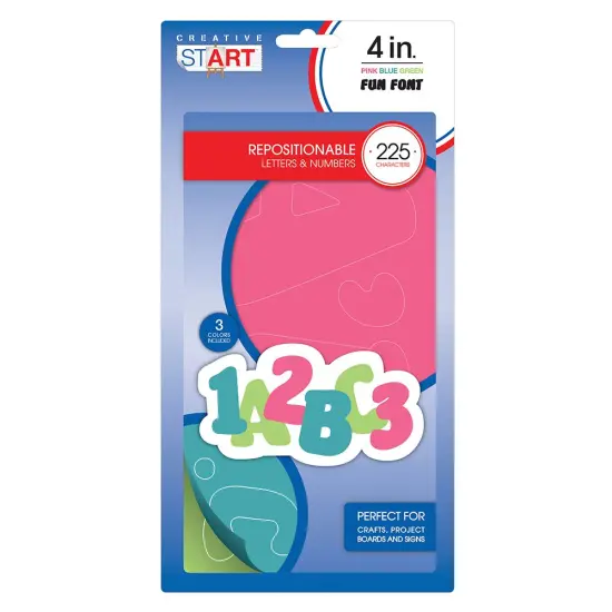 Creative Start Vinyl Repositionable Self-Adhesive Letters and Numbers, 4", Fun Font, Pink, Blue and Green, 225 count {1}