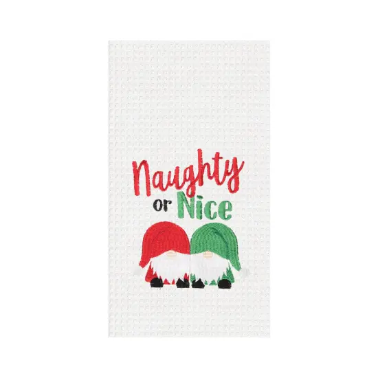 27" x 18" Christmas Holiday "Naughty Or Nice" Sentiment Featuring Gnomes Cotton Embroidered & Waffle Weave Kitchen Dish Towel {1}