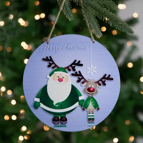 Northlight Santa and Reindeer "Merry Christmas" Disc Ornament - 8" - Blue and Green {3}