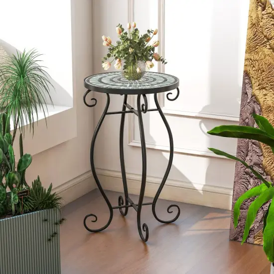 12" Round Ceramic Tile Table with Floral Mosaic Design and Metal Legs Ideal for Balcony or Deck Black & Smoke Blue {6}