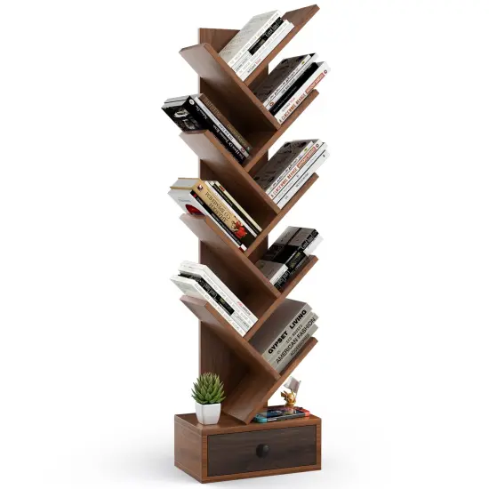 10-Tier Tree Bookshelf with Drawer and Anti-Tipping Kit Brown {1}