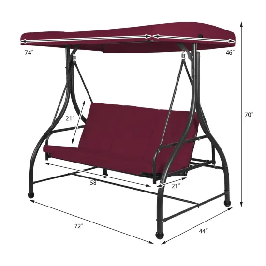 3 Seats Converting Outdoor Swing Canopy Hammock with Adjustable Tilt Canopy Dark Red {4}