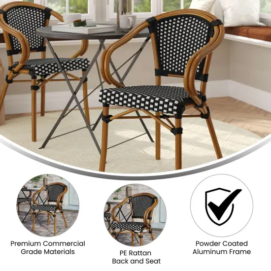 Merrick Lane Sacha Stacking Thonet Bistro Style Chair with Arms, PE Rattan Seat, and Bamboo Finished Metal Frame for Indoor/Outdoor Use Black&White/Natural {4}