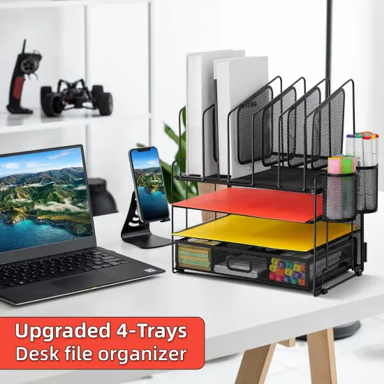 Marbrasse Desk Organizer with Drawer, 4-Tier Mesh Desk File Organizer with 5 Vertical File Holders and 2 Pen Holders, Multifunction Desktop Organizer {6}