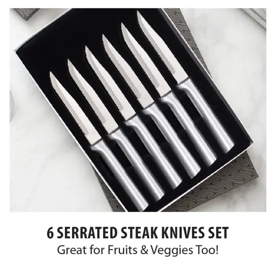 Rada Kitchen Knives Boxed Set, 6 Piece Serrated Blade Steak Knife Stainless Steel Cutlery Gift Set, Cut Any Cooked Meat {4}
