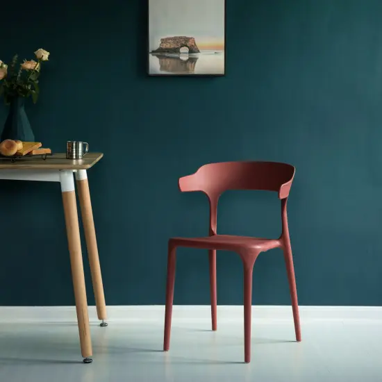 Modern Plastic Outdoor Dining Chair with Open U Shaped Back Set of 4 Red {6}