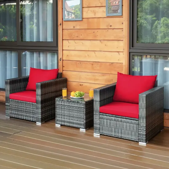 3 Pcs Patio Rattan Furniture Bistro Sofa Set with Cushioned Red {6}
