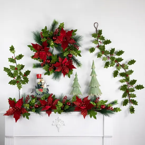 Northlight 48" Glittered Red Poinsettia and Long Pine Christmas Swag, Unlit {3}