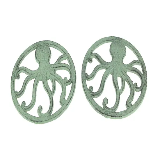 Distressed Coastal Cast Iron Octopus Sea Foam Green Trivet Set of 2 {1}