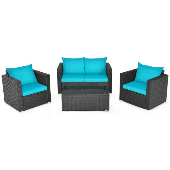 4Pcs Patio Rattan Cushioned Furniture Set Turquoise {3}
