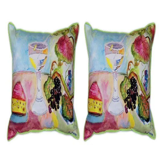 Pair of Betsy Drake `Wine and Cheese` Indoor/Outdoor Pillows 16 In. X 20 In. {1}