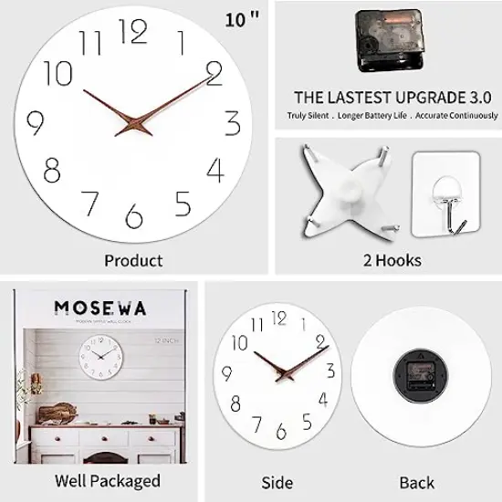 Wall Clock 10 Inch Silent Non Ticking Wood Wall Clocks Battery Operated - Wooden White Modern Office Simple Minimalist Clock Decorative for Kitchen,Home,Bathroom,Living Room(10" White) {5}