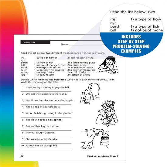 Spectrum Grade 5 Vocabulary Workbook, Language Arts Book Covering Analogies, Roots and Affixes, Sensory Words, Reading Comprehension, and More, ELA Classroom or Homeschool Curriculum {4}