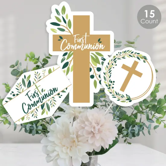 Big Dot of Happiness First Communion Elegant Cross - Religious Party Centerpiece Sticks - Table Toppers - Set of 15 {1}