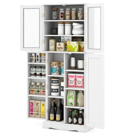 Tall Kitchen Pantry Cabinet with Dual Tempered Glass Doors and Shelves White {3}