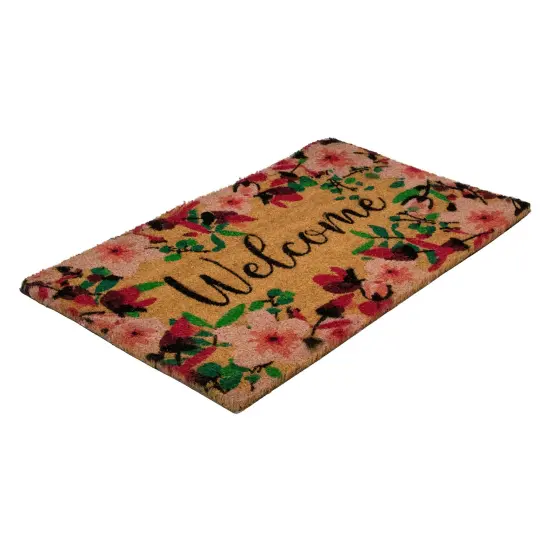 Northlight Natural Coir Blossoming Floral Outdoor Rectangular "Welcome" Doormat 18" x 30" Brown {5}