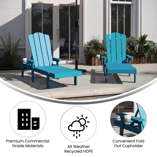 Merrick Lane Solvang Set of 2 Indoor/Outdoor Adjustable Adirondack Loungers with Fold Out Cupholders- Recycled All-Weather Indoor/Outdoor HDPE Lounge Chairs Blue {2}