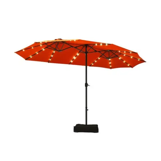 15 Ft Solar Led Patio Double-sided Umbrella Market Umbrella With Weight Base Orange {3}
