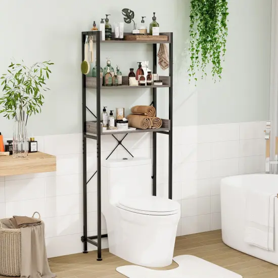 Over The Toilet Storage Rack With Hooks And Adjustable Bottom Bar Grey {1}