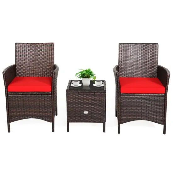 3 Pieces Patio Rattan Furniture Set Cushioned Sofa and Glass Tabletop Deck Red {4}
