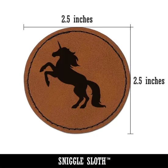 Majestic Unicorn Rearing Up Round Iron-On Engraved Faux Leather Patch Applique - 2.5" Brown {3}