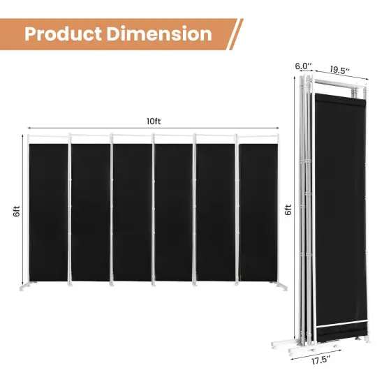 6-Panel Room Divider Folding Privacy Screen Black {4}