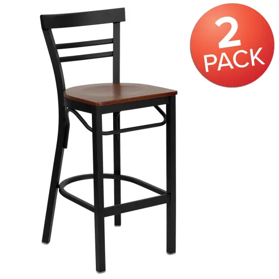 Emma and Oliver 2 Pack Two-Slat Ladder Back Metal Restaurant Barstool Cherry/BlackMetal {5}