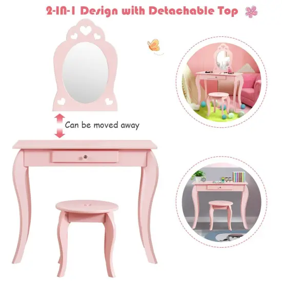 Kids Princess Makeup Dressing Play Table Set with Mirror Pink {3}