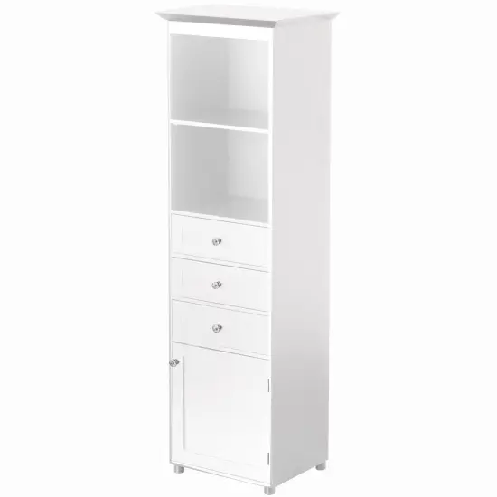 Tall Freestanding Storage Organizer Linen Tower, Vanity Closet, Bathroom Cabinet with 2 Open shelves, 3 Drawers, and a Closet White {5}