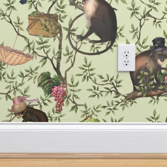 Peel & Stick Wallpaper 2FT Wide Green Chinoiserie Victorian Animals Rococo Garden Party Leaves Monkeys Historic Toile Botanical Whimsical Large Scale Custom Removable Wallpaper by Spoonflower {4}