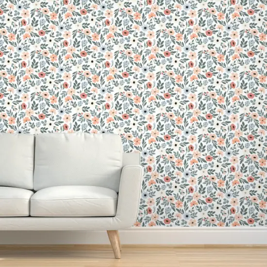 Peel & Stick Wallpaper 2FT Wide Coral Floral Sage Green Leaf Pretty Flowers Delicate Garden Custom Removable Wallpaper by Spoonflower {5}