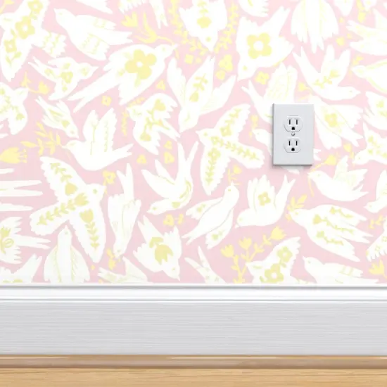 Peel & Stick Wallpaper 2FT Wide Whimsical Doves Pastel Pink Yellow Birds Floral Custom Removable Wallpaper by Spoonflower {4}
