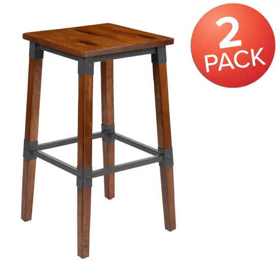 Merrick Lane Breton Backless Bar Height Stools with Steel Supports and Footrest - Set Of 2 Walnut Brown {4}