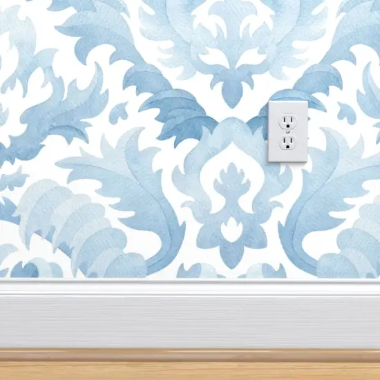 Pre-Pasted Wallpaper 2FT Wide Watercolor Damask Botanical Floral Light Blue Monochrome Classic Baroque Acanthus Leaf Custom Pre-pasted Wallpaper by Spoonflower {4}