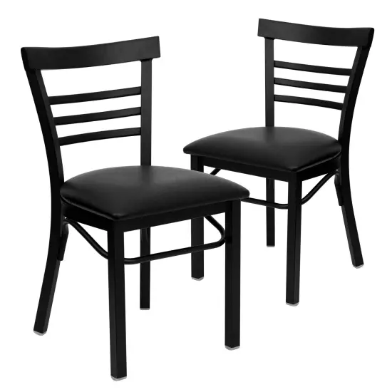 Emma and Oliver 2 Pack Three-Slat Ladder Back Metal Restaurant Chair BlackVYL/BlackMetal {1}